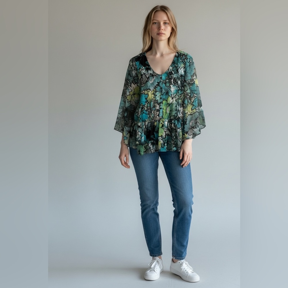 Style & Co. Floral V-Neck Blouse - Green and Black